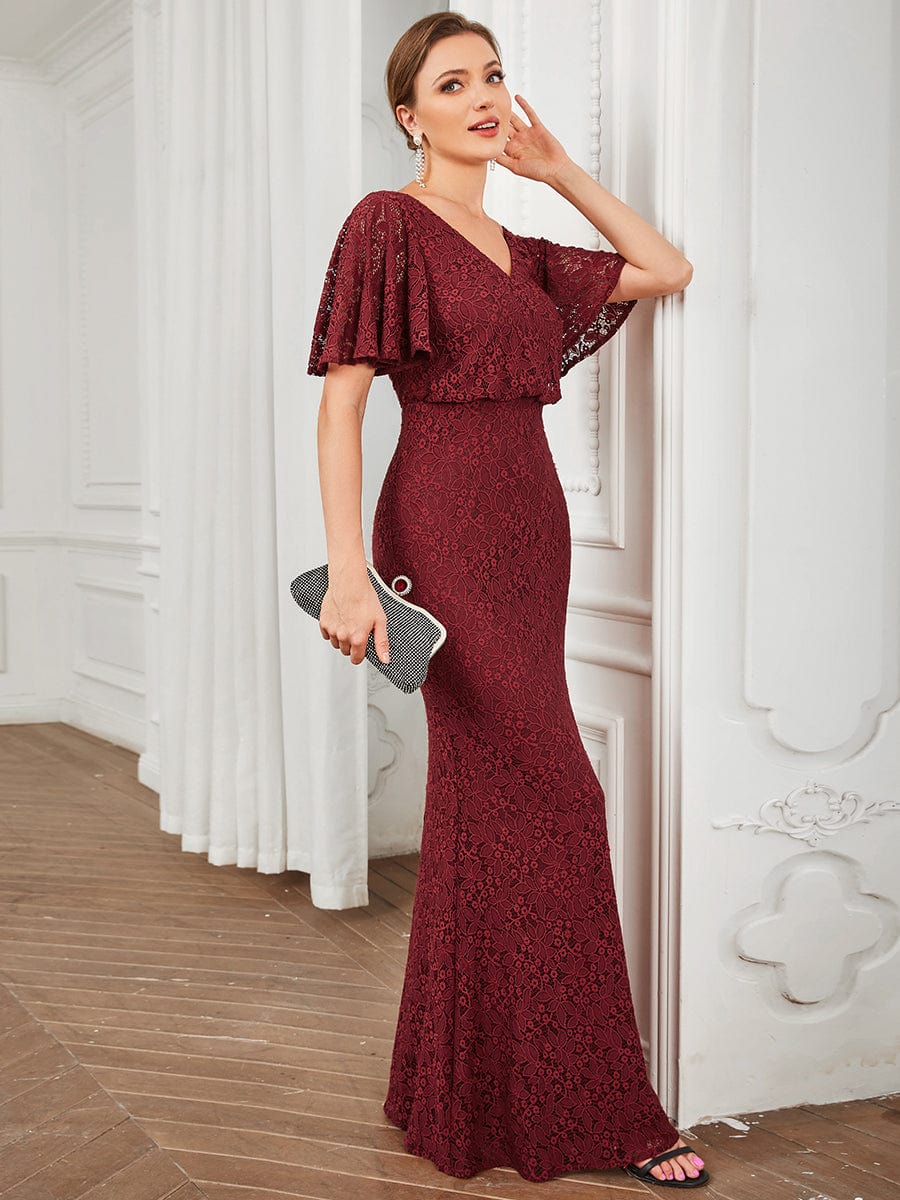 Short Cape Sleeve Embroidered Lace Bodycon Evening Dress