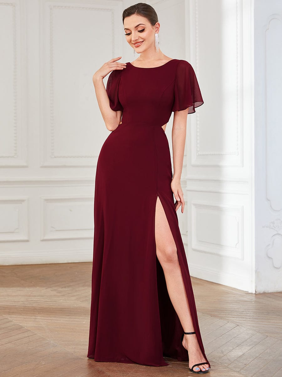 Flutter Sleeve Cutout Chiffon Caged Lace Up Evening Dress #Color_Burgundy
