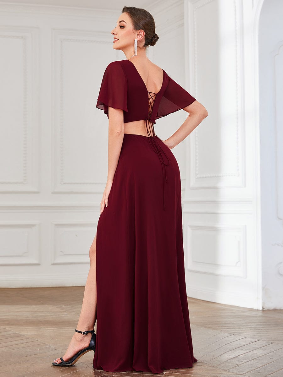 Flutter Sleeve Cutout Chiffon Caged Lace Up Evening Dress #Color_Burgundy