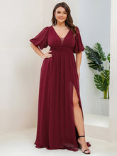 Plus Size V-Neck Front Slit Chiffon Evening Dress #Color_Burgundy