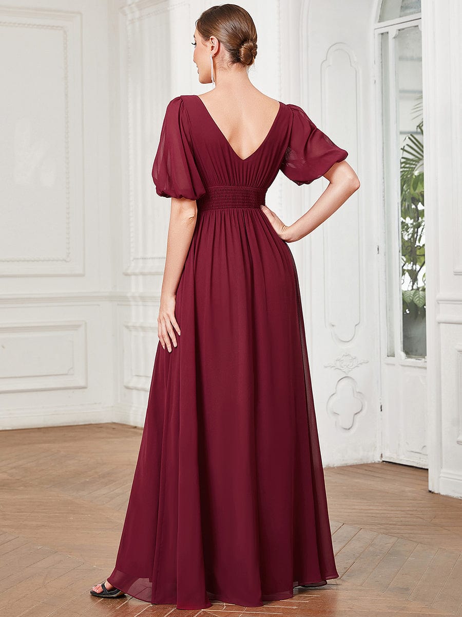 Chiffon Illusion V-Neck Flutter Sleeve Front Slit Evening Dress #Color_Burgundy