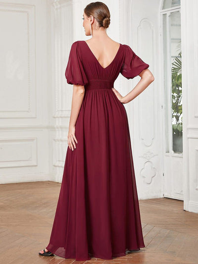 Chiffon Illusion V-Neck Flutter Sleeve Front Slit Evening Dress #color_Burgundy