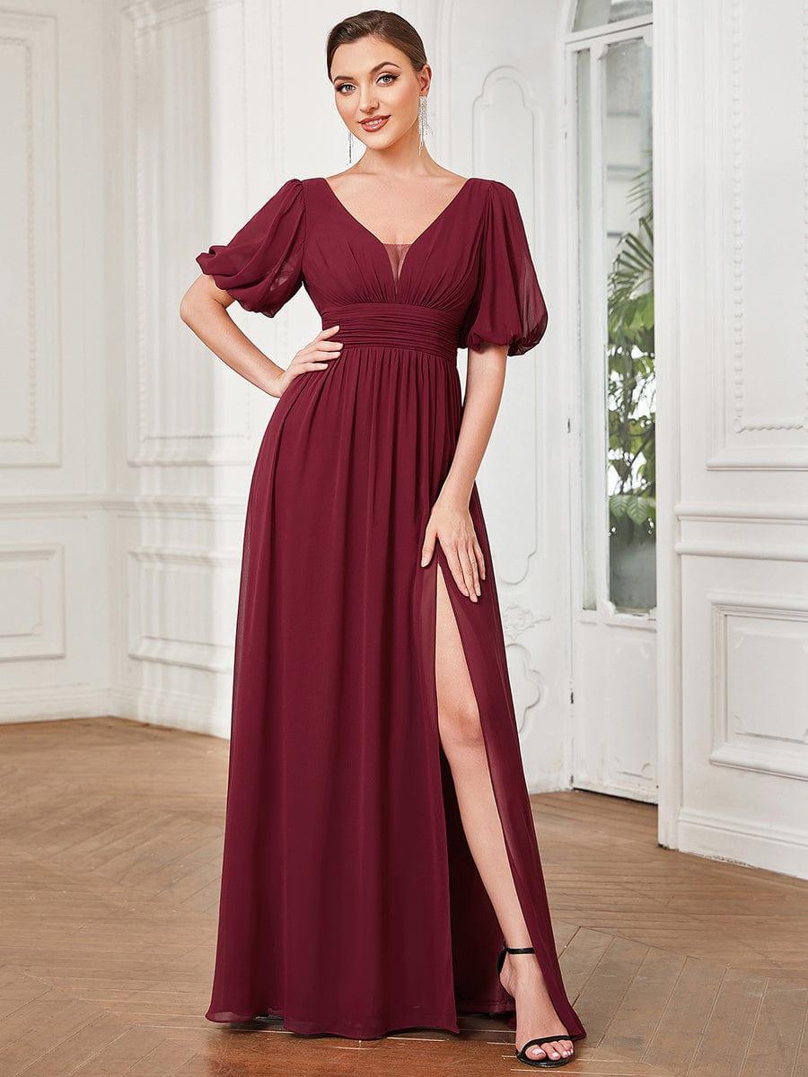 Chiffon Illusion V-Neck Flutter Sleeve Front Slit Evening Dress #color_Burgundy