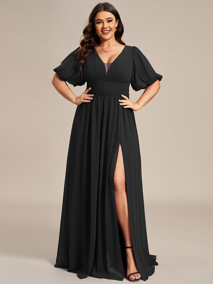 Plus Size V-Neck Front Slit Chiffon Evening Dress #Color_Black