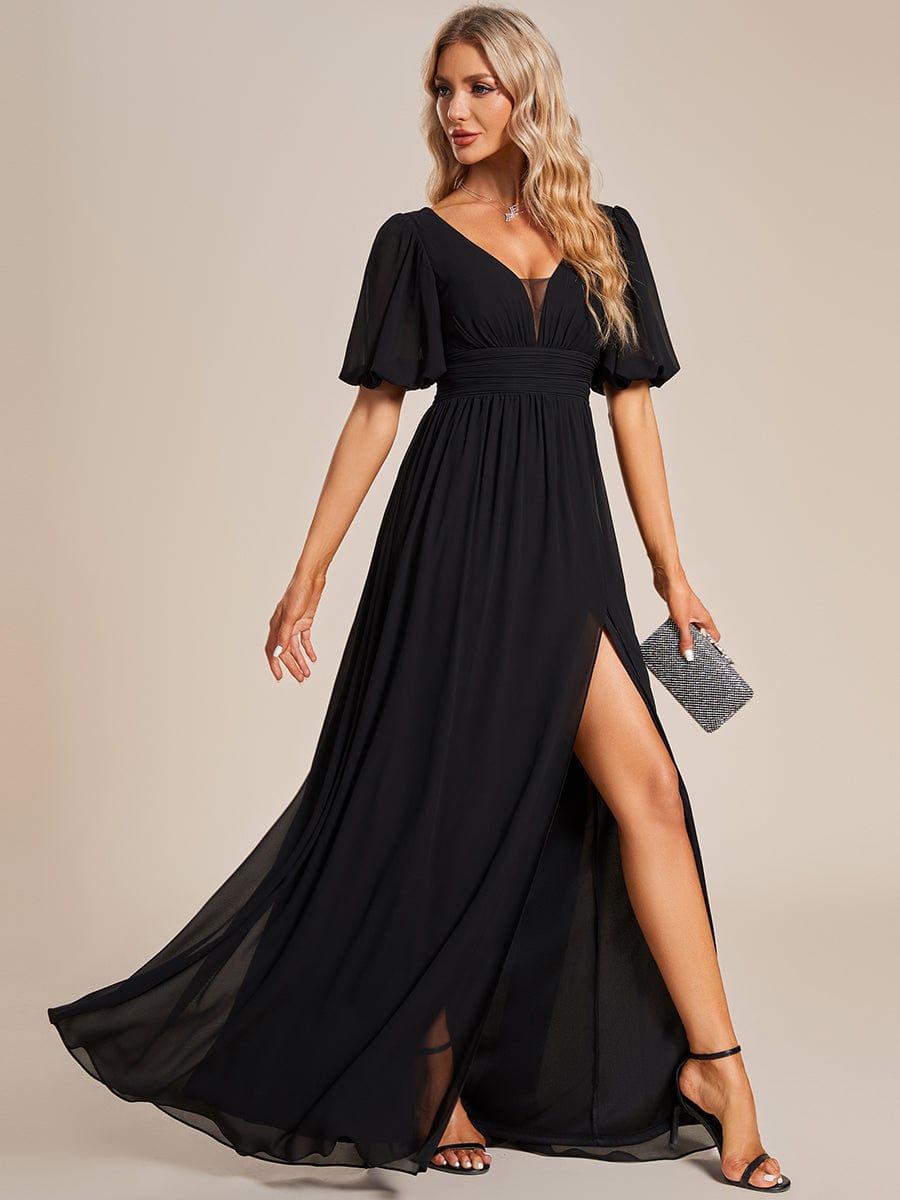 Chiffon Illusion V-Neck Flutter Sleeve Front Slit Evening Dress #Color_Black