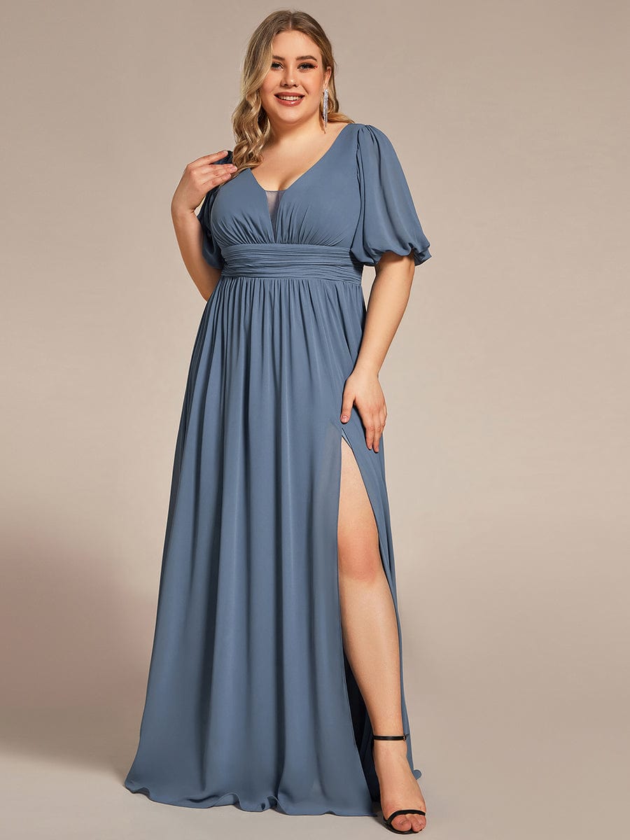 Plus Size V-Neck Front Slit Chiffon Evening Dress #Color_Dusty Navy