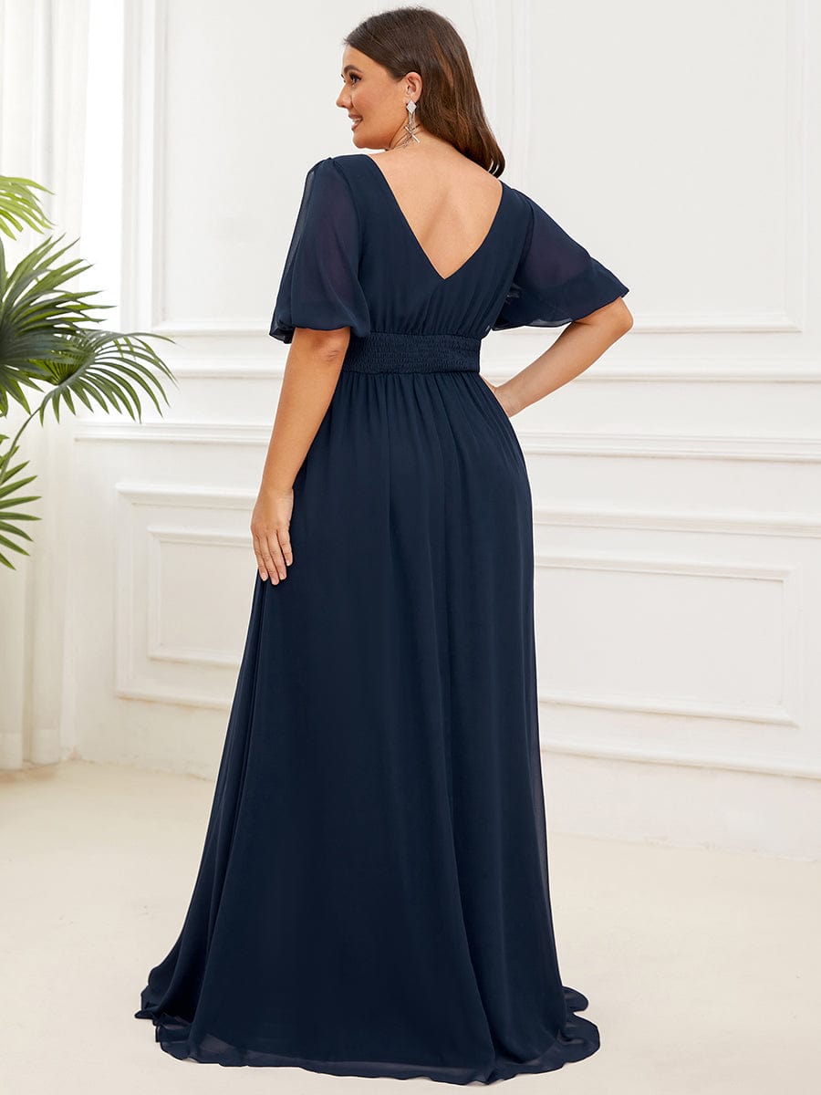 Custom Size V-Neck Front Slit Chiffon Evening Dress #Color_Navy Blue