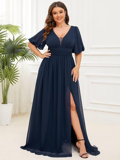 Plus Size V-Neck Front Slit Chiffon Evening Dress #color_Navy Blue