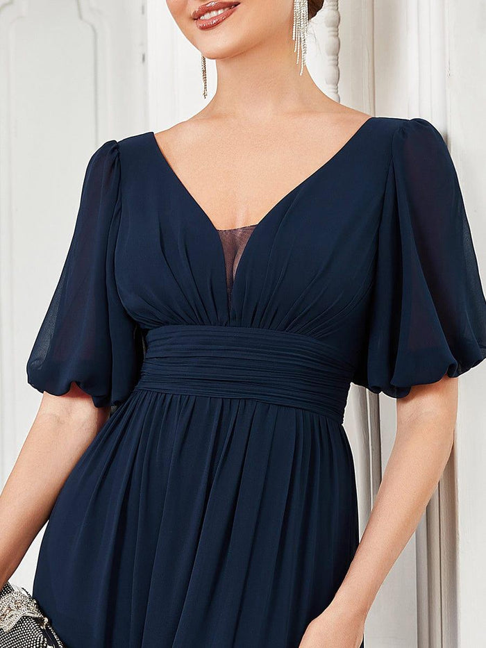Cap Sleeves V-neck Chiffon Dress with Slit Steel Grey