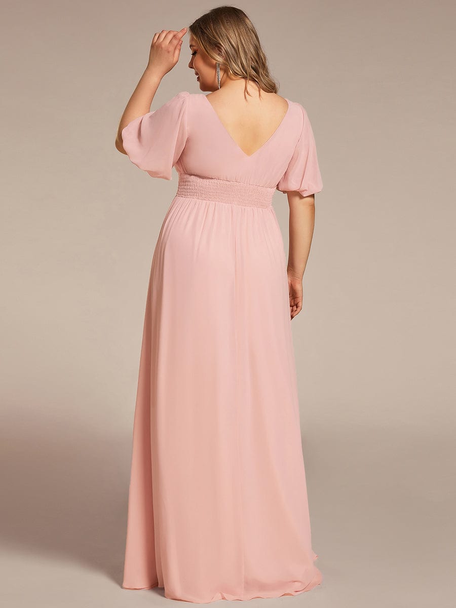 Plus Size V-Neck Front Slit Chiffon Evening Dress #Color_Pink