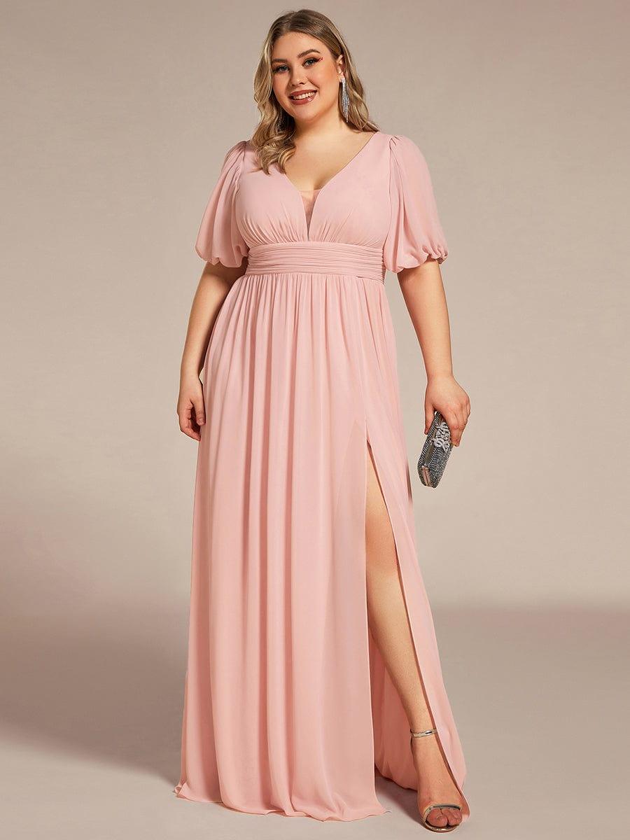 Plus Size V-Neck Front Slit Chiffon Evening Dress #color_Pink