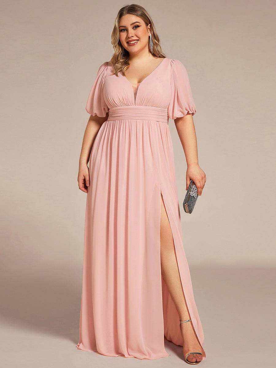 Plus Size V-Neck Front Slit Chiffon Evening Dress #Color_Pink