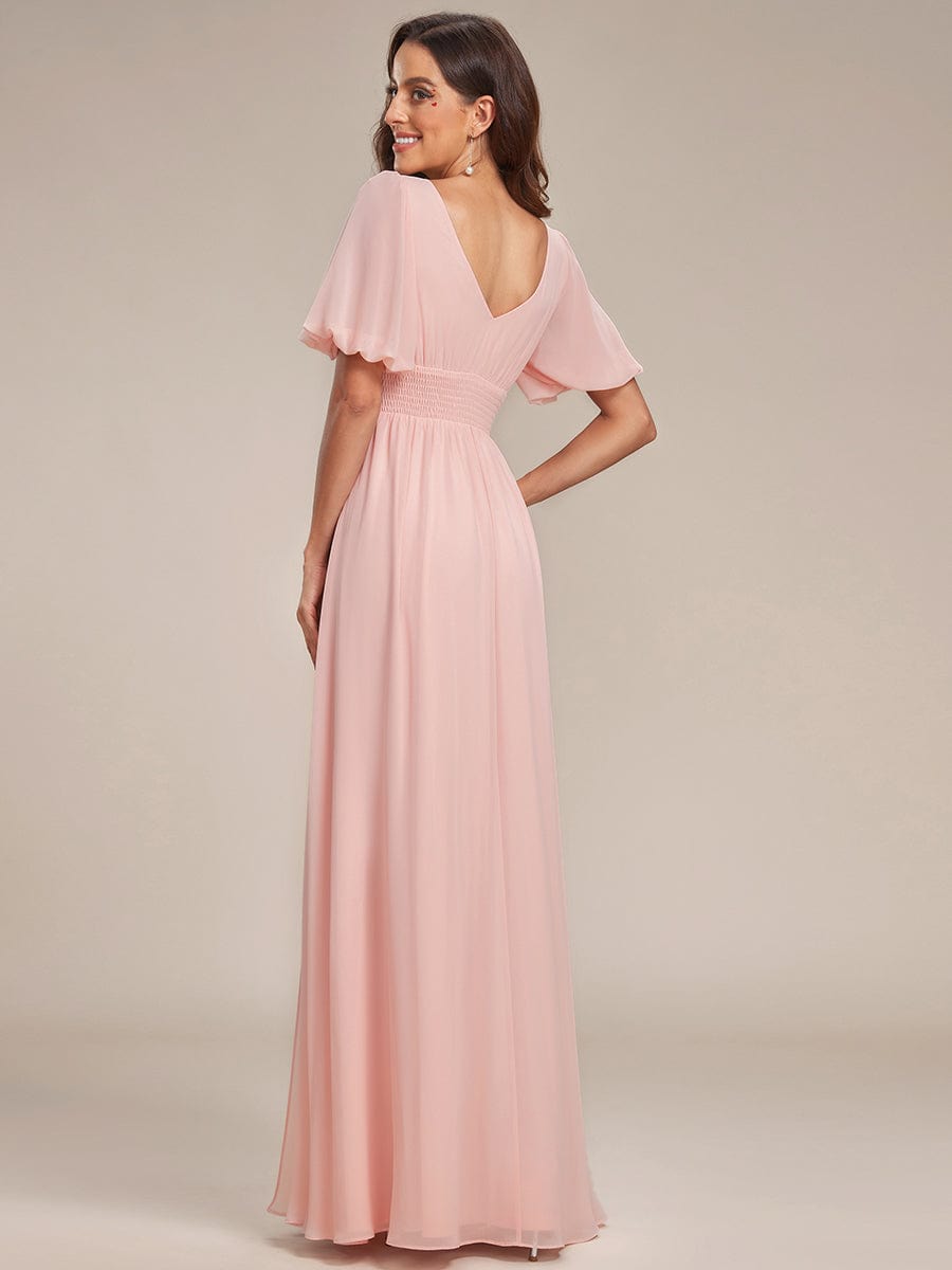 Chiffon Illusion V-Neck Flutter Sleeve Front Slit Evening Dress #Color_Pink