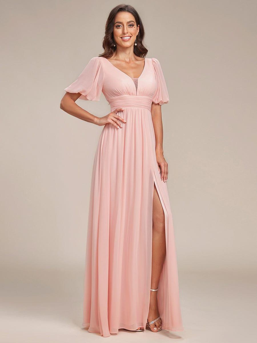 Chiffon Illusion V-Neck Flutter Sleeve Front Slit Evening Dress #color_Pink