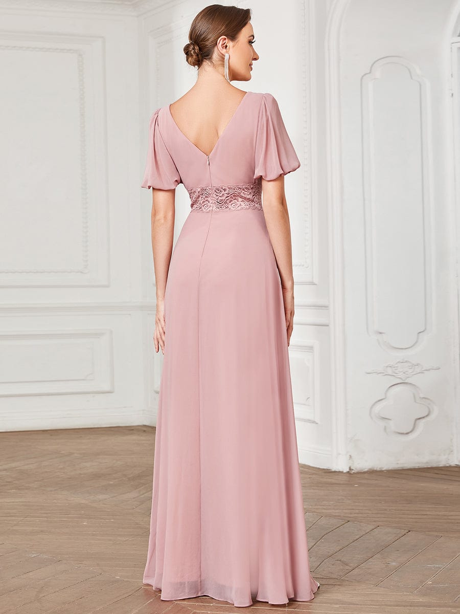 A-Line Pleated Chiffon Short Sleeve Illusion Lace Evening Dress #Color_Dusty Rose