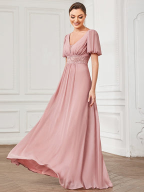 A-Line Pleated Chiffon Short Sleeve Illusion Lace Evening Dress