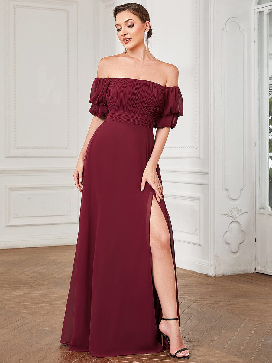 Chiffon Shirred Off-Shoulder High Slit Evening Dress #color_Burgundy