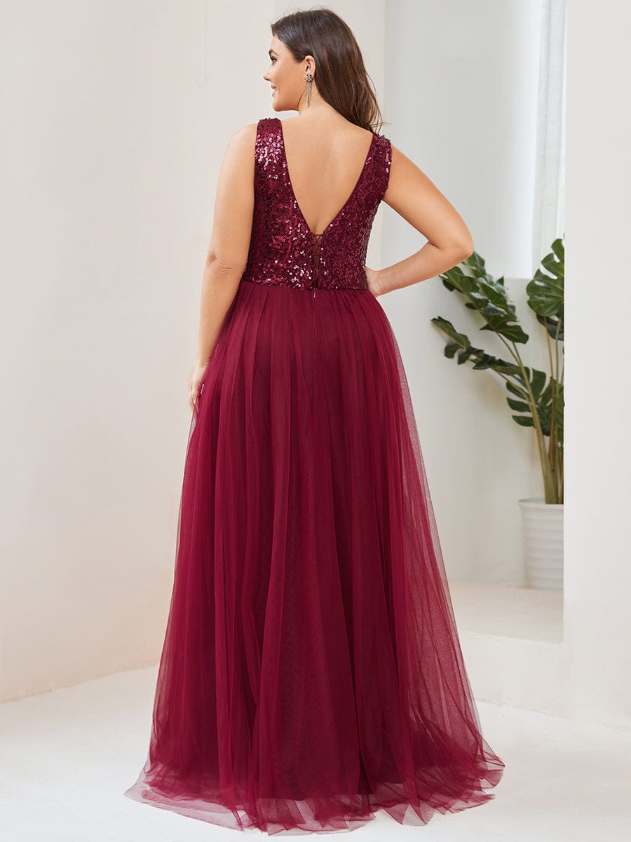 Plus Size Sleeveless Lace-Up Tulle Evening Dress