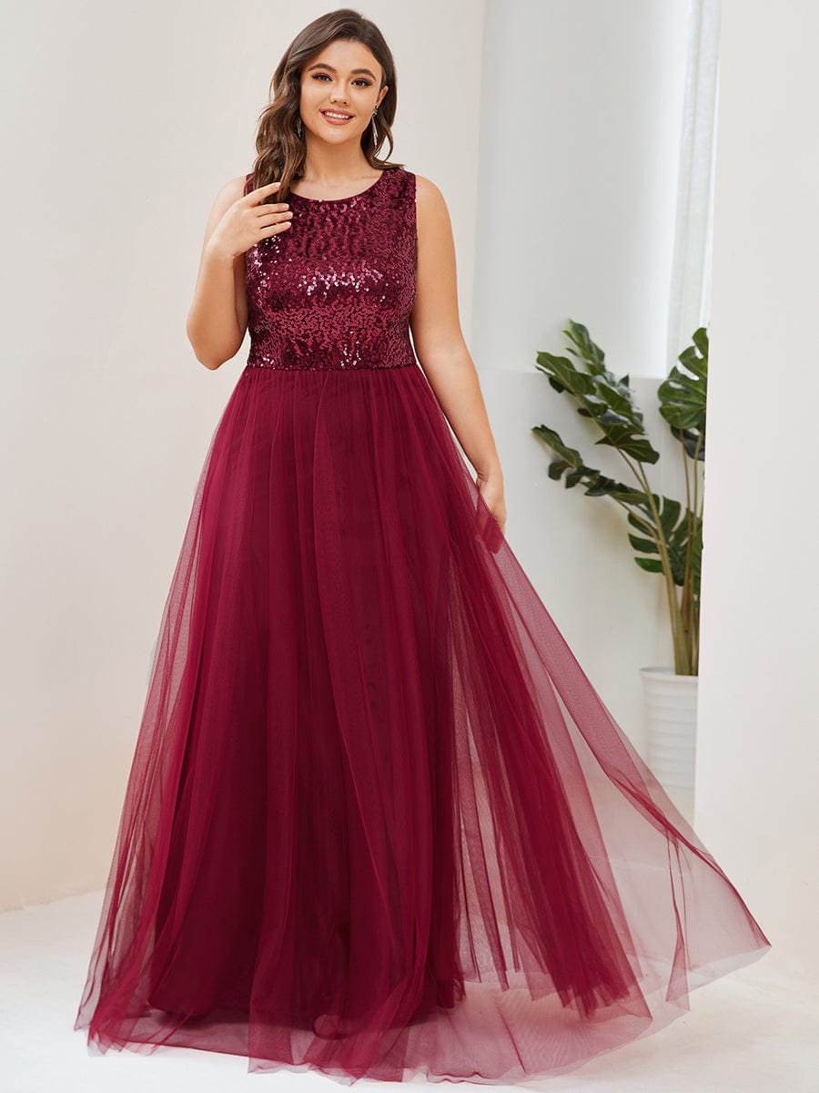 Plus Size Sleeveless Lace-Up Tulle Evening Dress