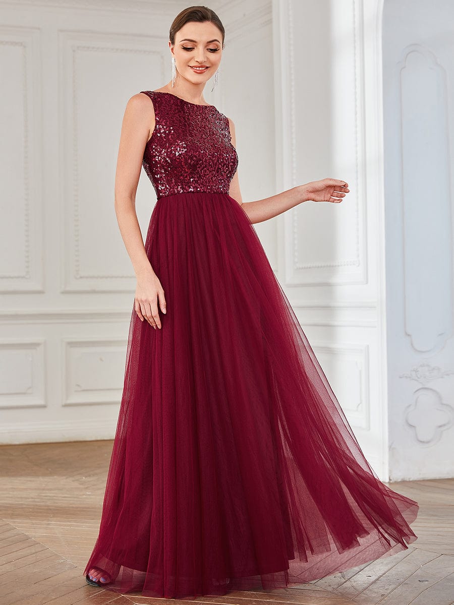 Sequin Sleeveless Lace-Up Tulle Evening Dress