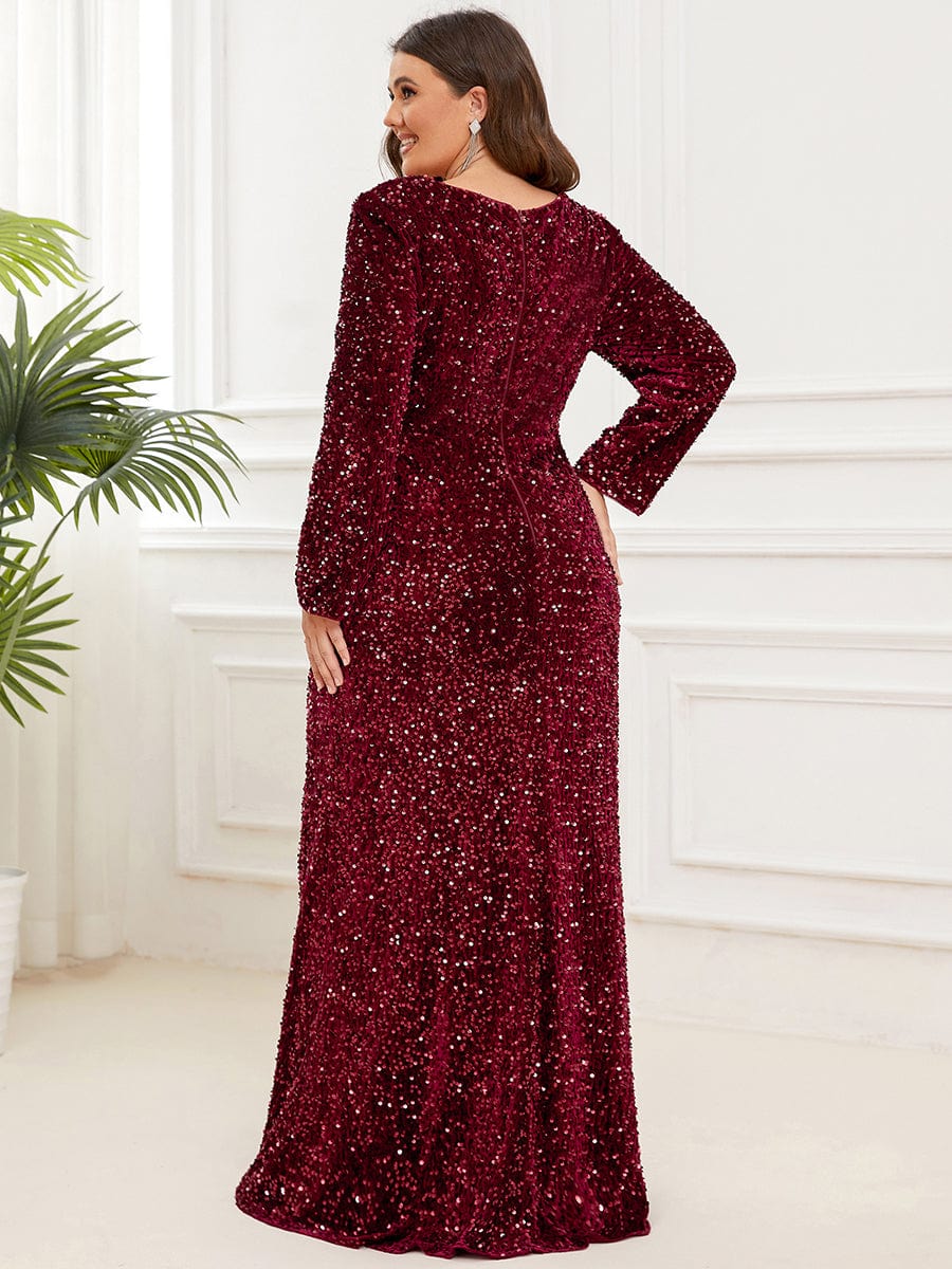 Custom Size Long Sleeve Sequin Front Slit Bodycon Evening Dress #Color_Burgundy