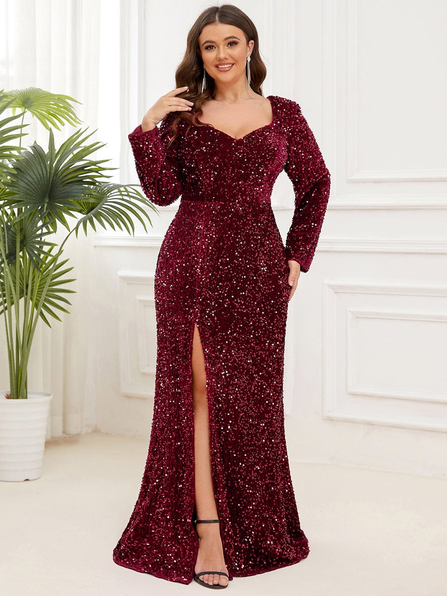 Plus Size Long Sleeve Sequin Front Slit Bodycon Evening Dress #Color_Burgundy