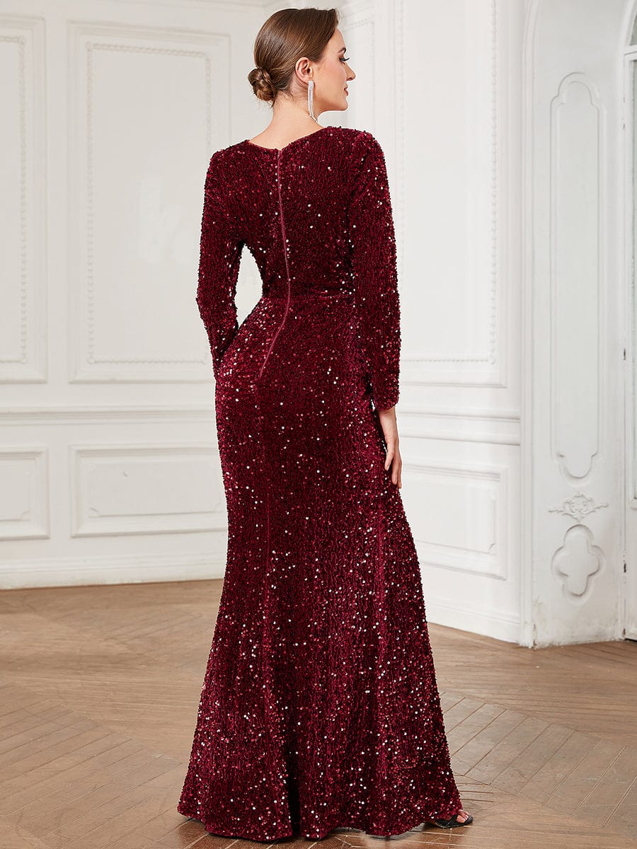 Sequin Long Sleeve Sweetheart Bodycon Front Slit Evening Dress #Color_Burgundy