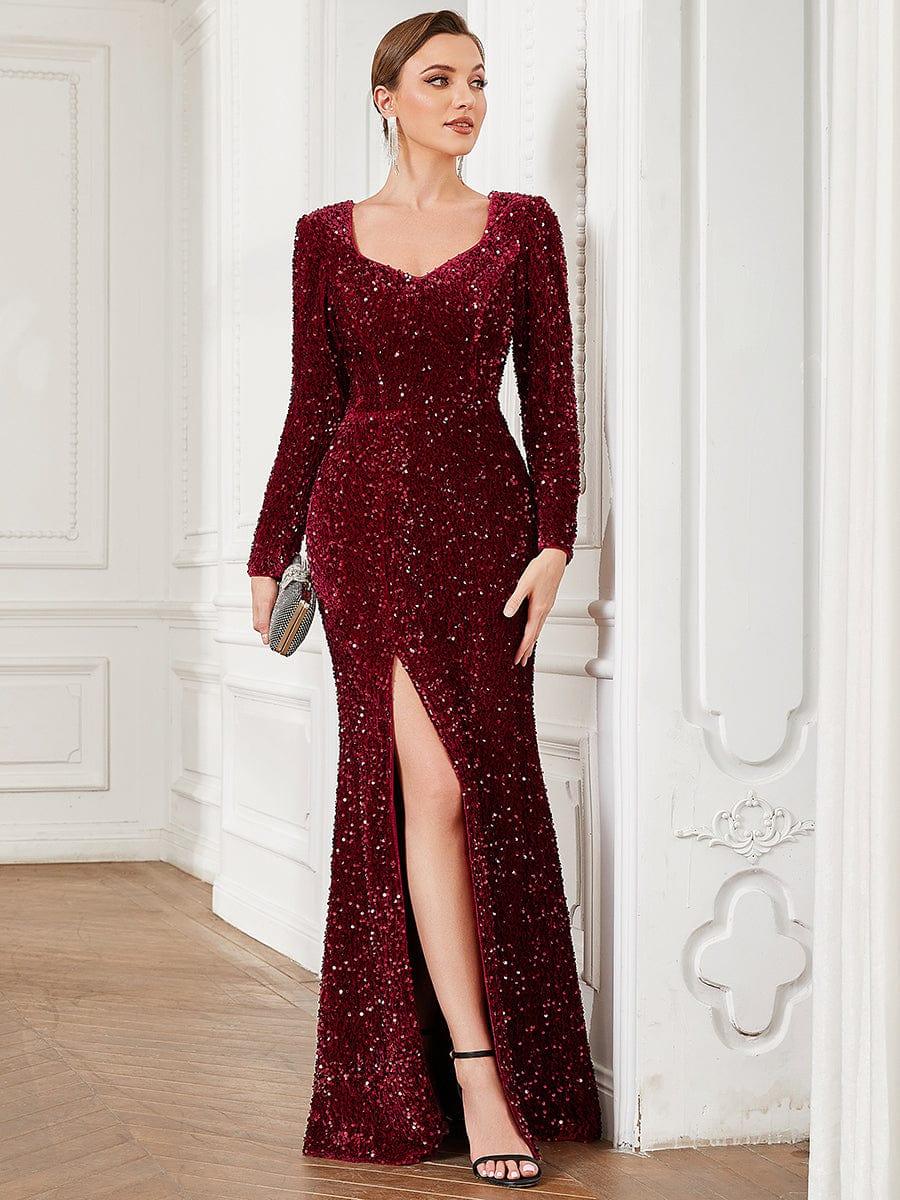 Sequin Long Sleeve Sweetheart Bodycon Front Slit Evening Dress #Color_Burgundy
