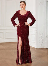 Sequin Long Sleeve Sweetheart Bodycon Front Slit Evening Dress #Color_Burgundy