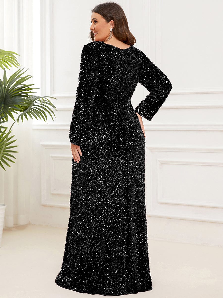 Custom Size Long Sleeve Sequin Front Slit Bodycon Evening Dress #Color_Black