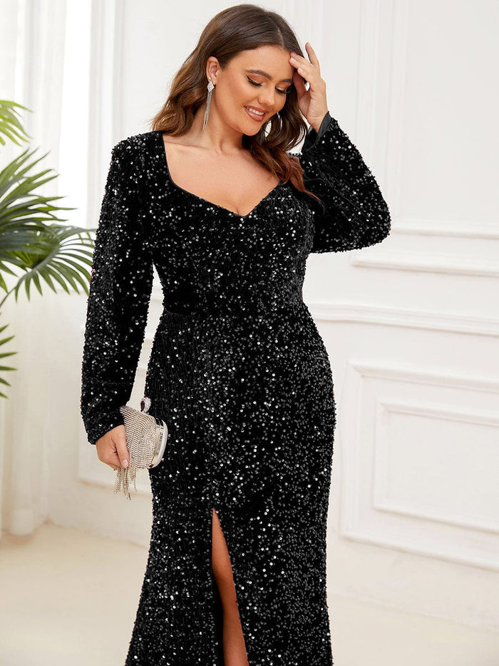 Plus Size Front Slit Sequin Long Sleeve Bodycon Evening Dress - Ever ...