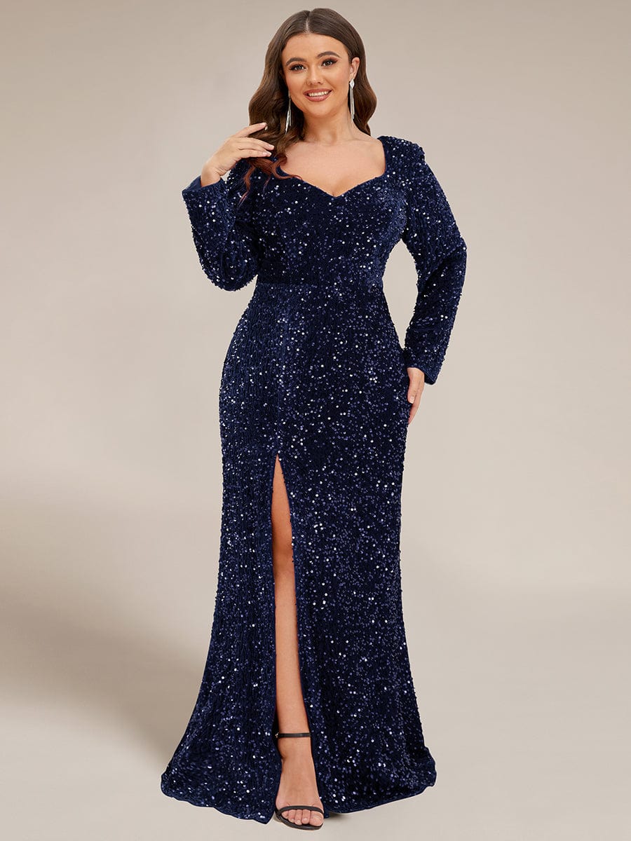Custom Size Long Sleeve Sequin Front Slit Bodycon Evening Dress #Color_Navy Blue