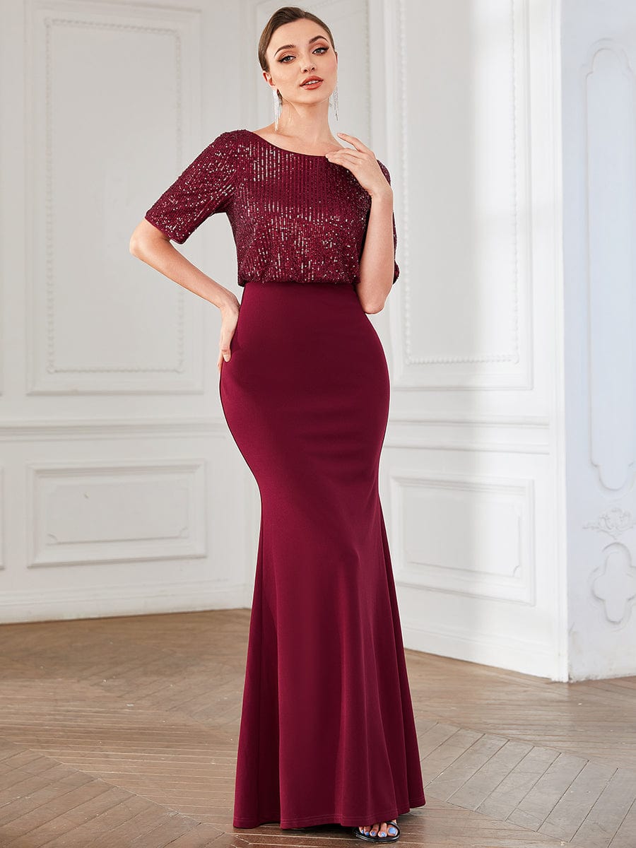 Half Sleeve Sequin Contrast Bodycon Evening Dress #Color_Burgundy