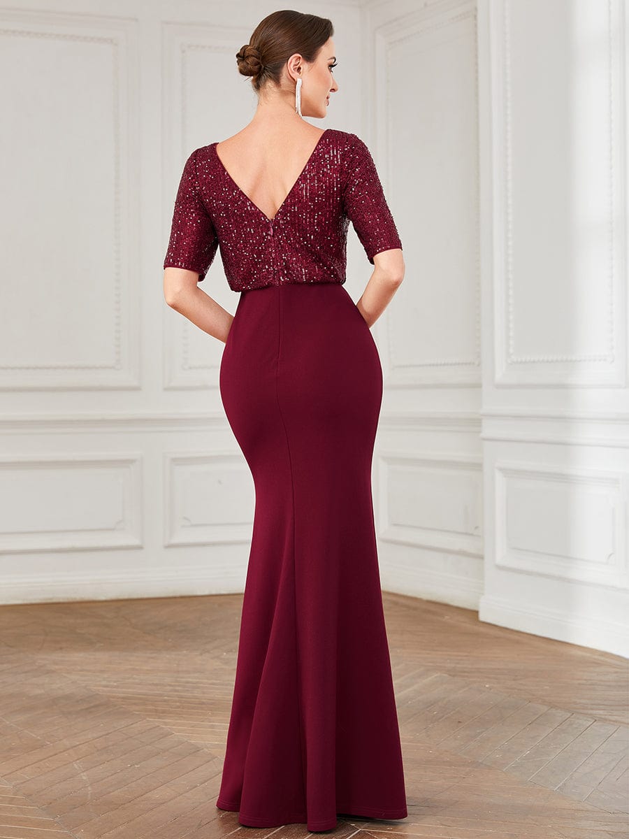 Half Sleeve Sequin Contrast Bodycon Evening Dress #Color_Burgundy