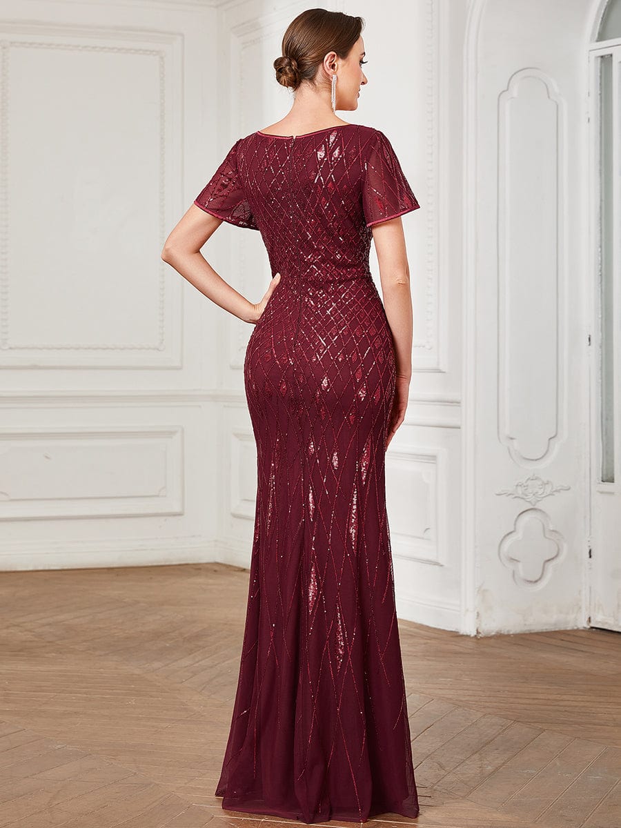 Illusion V-Neck Sequin Short Sleeve Bodycon Evening Dress