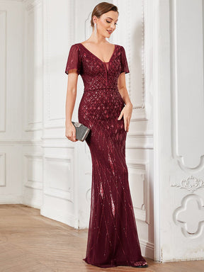 Illusion V-Neck Sequin Short Sleeve Bodycon Evening Dress