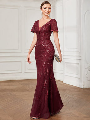 Illusion V-Neck Sequin Short Sleeve Bodycon Evening Dress