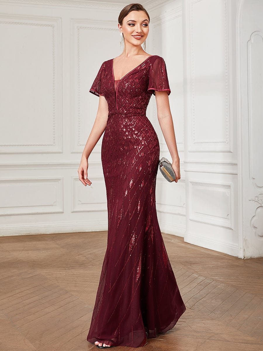 Illusion V-Neck Sequin Short Sleeve Bodycon Evening Dress