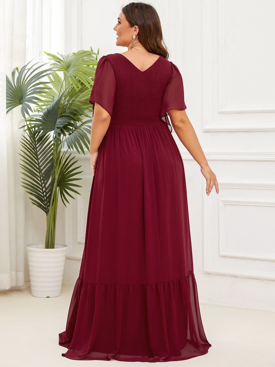 Plus Size Chiffon V-neck Ruffles Sleeve Evening Dress #Color_Burgundy