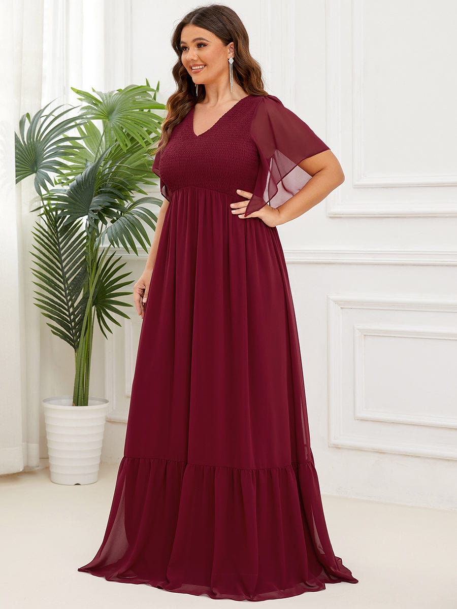 Plus Size Chiffon V-neck Ruffles Sleeve Evening Dress
