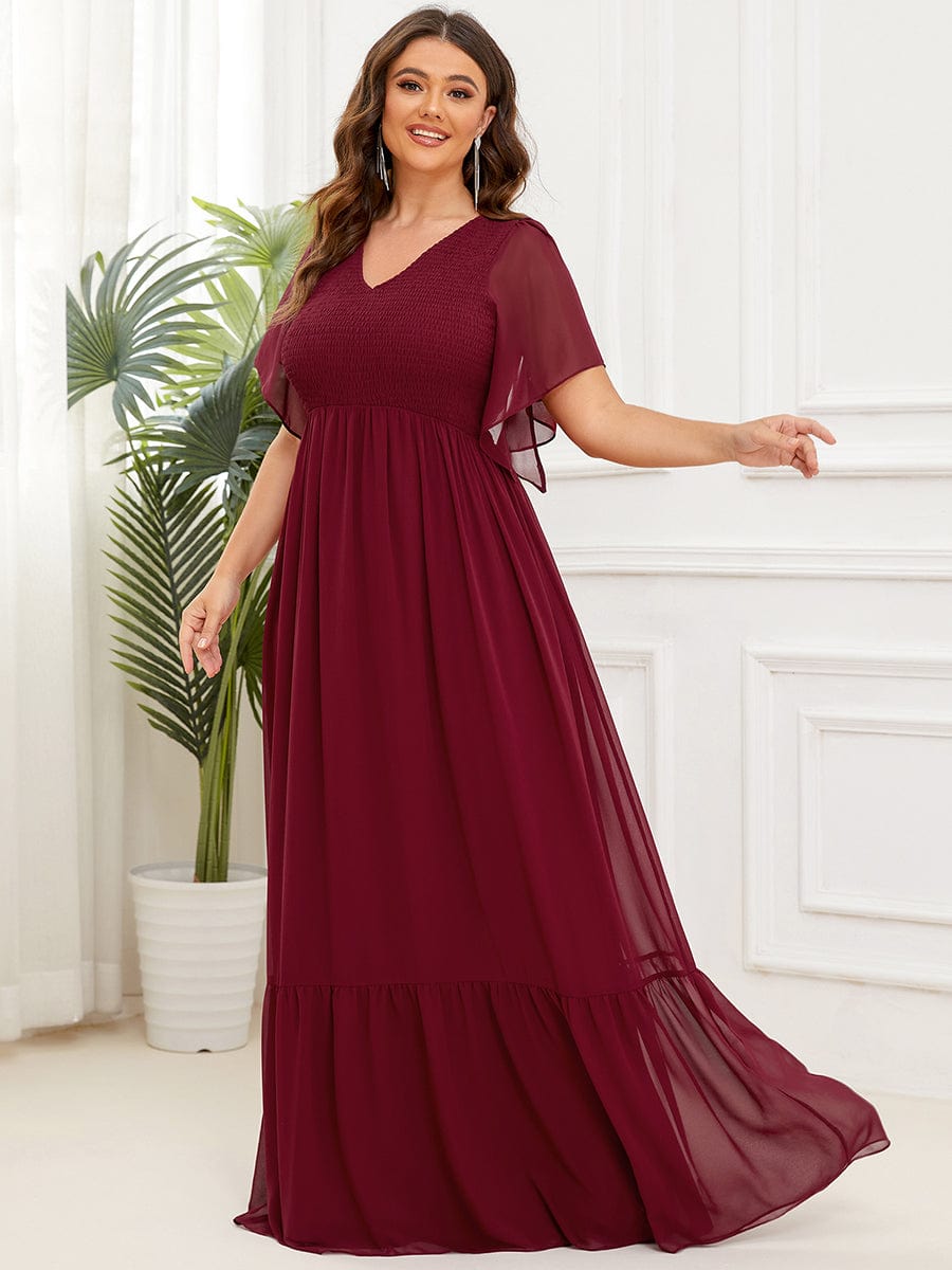 Plus Size Chiffon V-neck Ruffles Sleeve Evening Dress