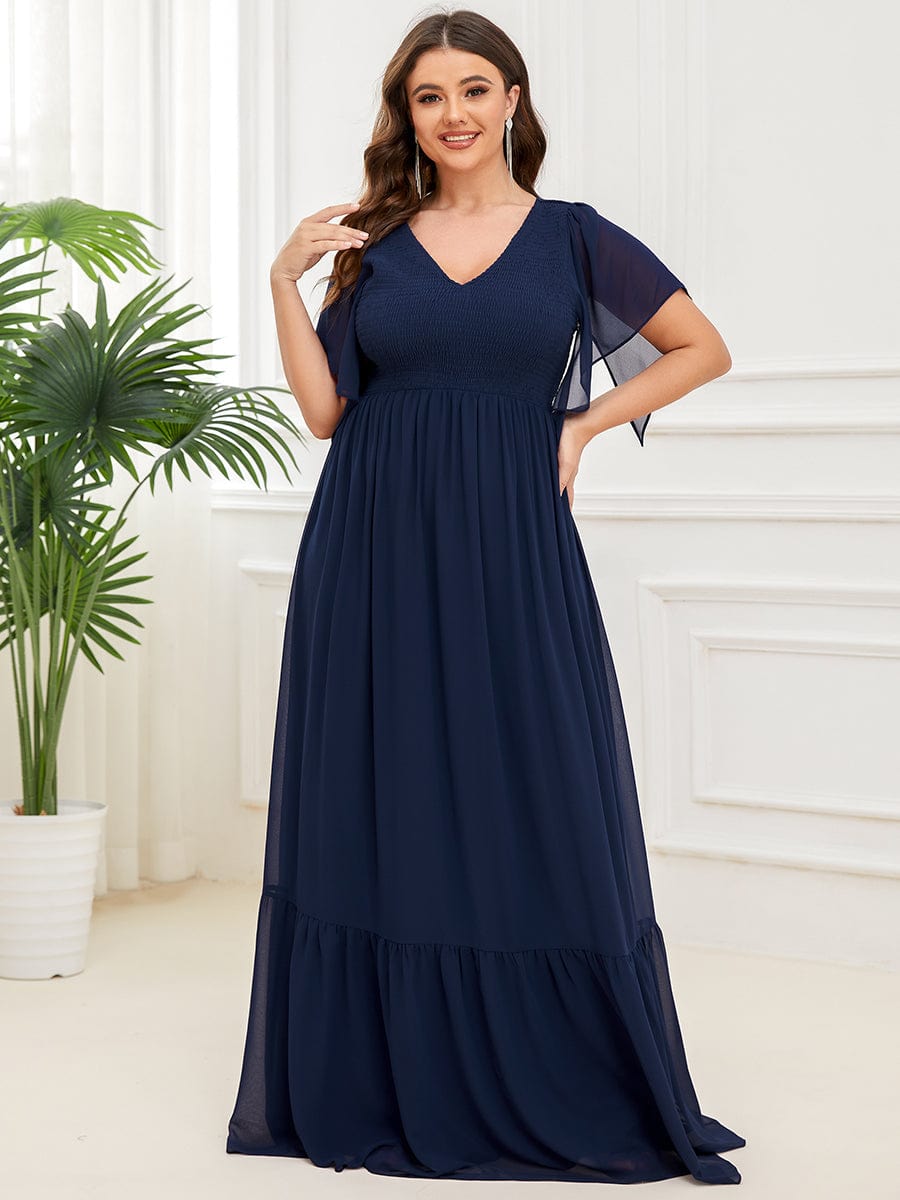 Plus Size Chiffon V-neck Ruffles Sleeve Evening Dress #Color_Navy Blue