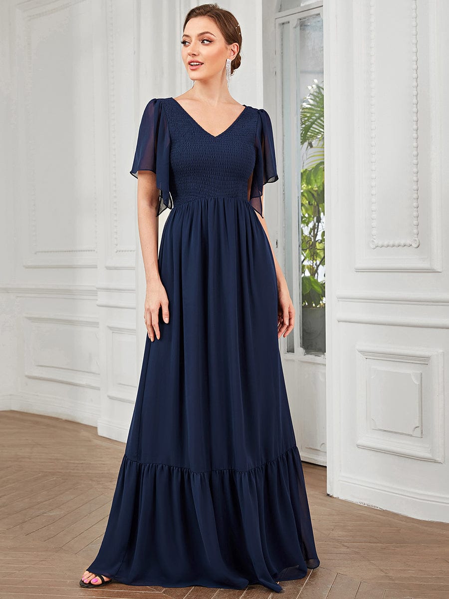 Short Sleeve V-Neck Shirred A-Line Evening Dress #Color_Navy Blue