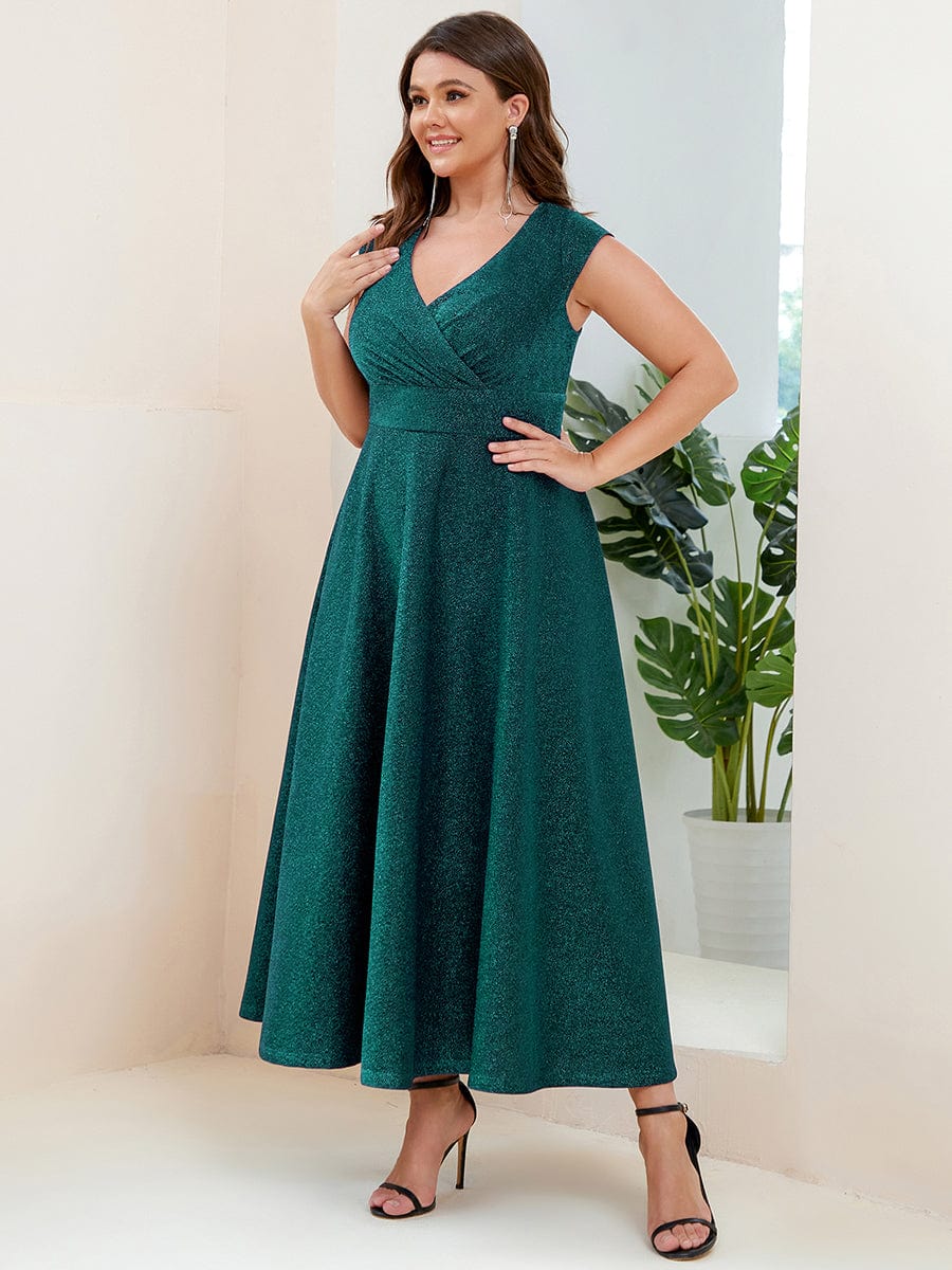 Plus Size Pleated A-Line Cap Sleeve V-Neck  Evening Dress