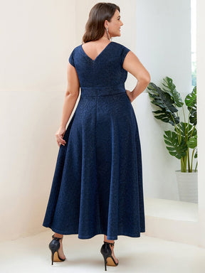 Plus Size Pleated A-Line Cap Sleeve V-Neck  Evening Dress