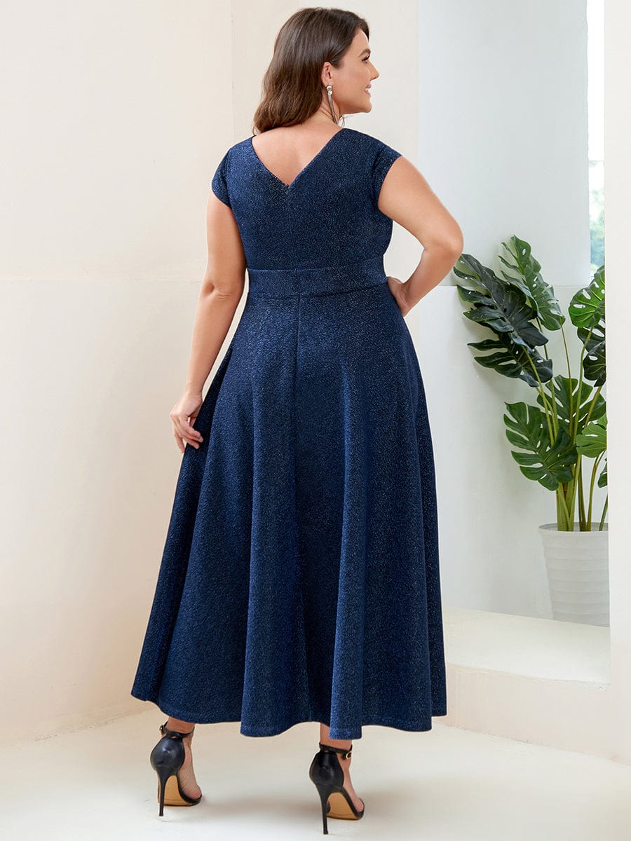 Plus Size Pleated A-Line Cap Sleeve V-Neck  Evening Dress