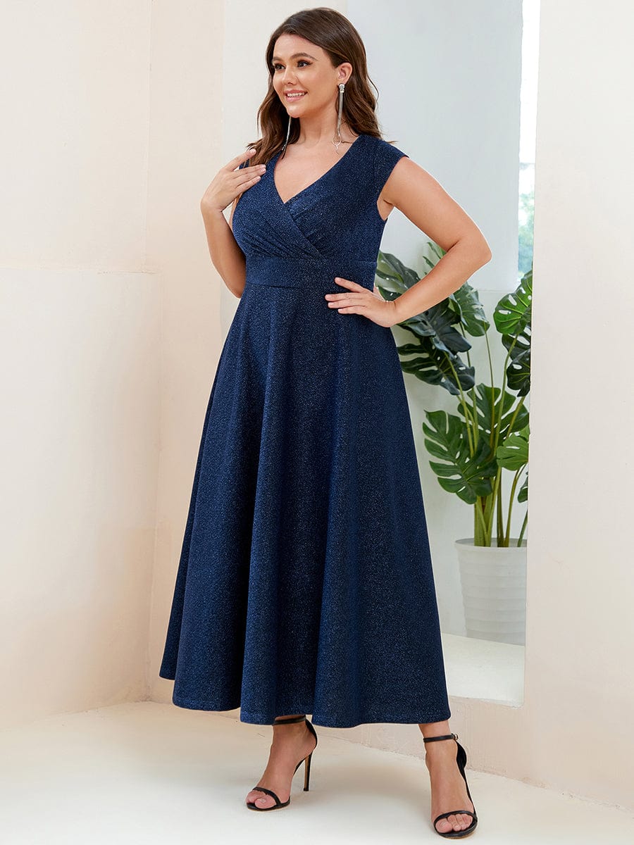 Plus Size Pleated A-Line Cap Sleeve V-Neck  Evening Dress