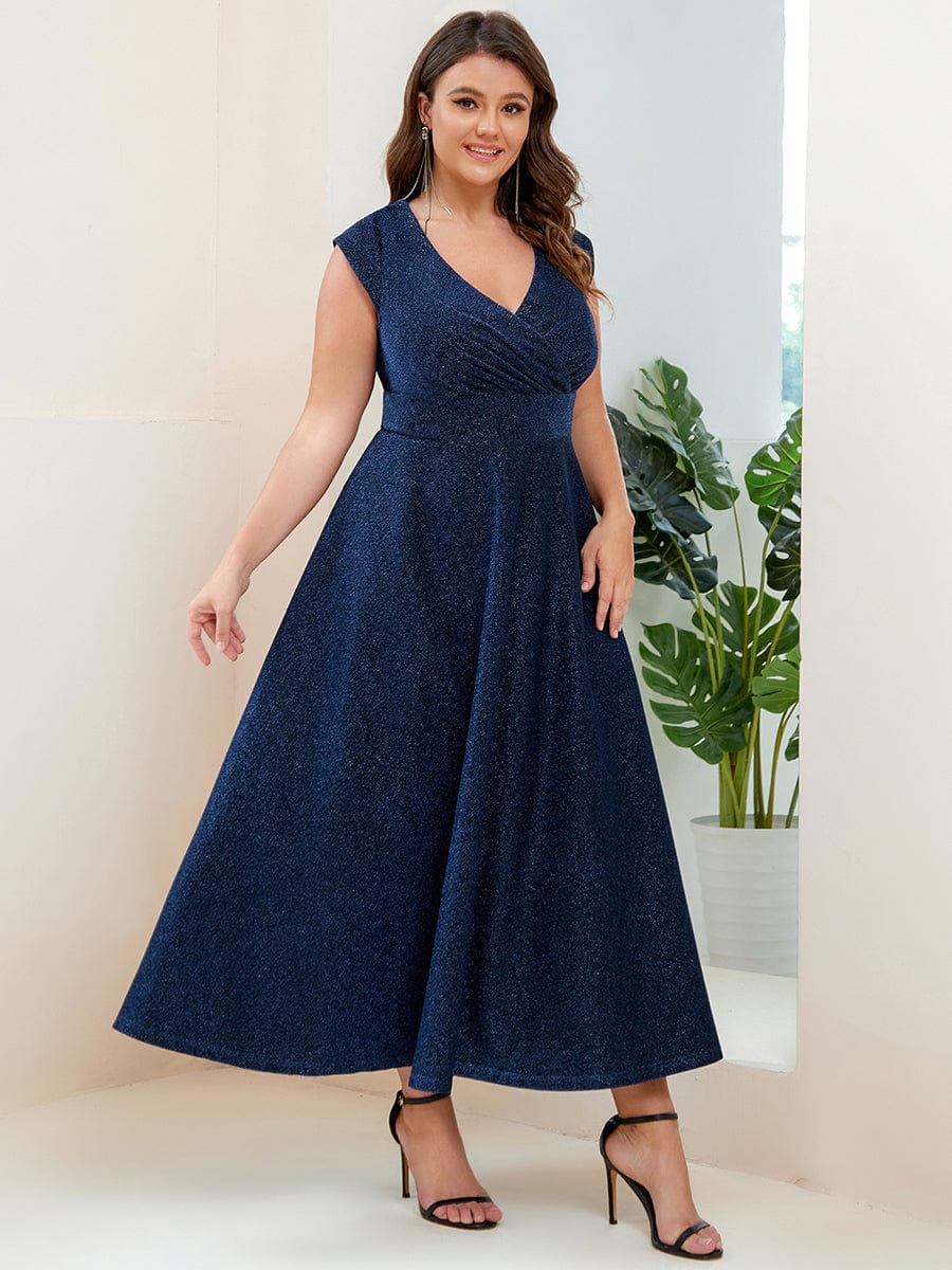 Plus Size Pleated A-Line Cap Sleeve V-Neck  Evening Dress