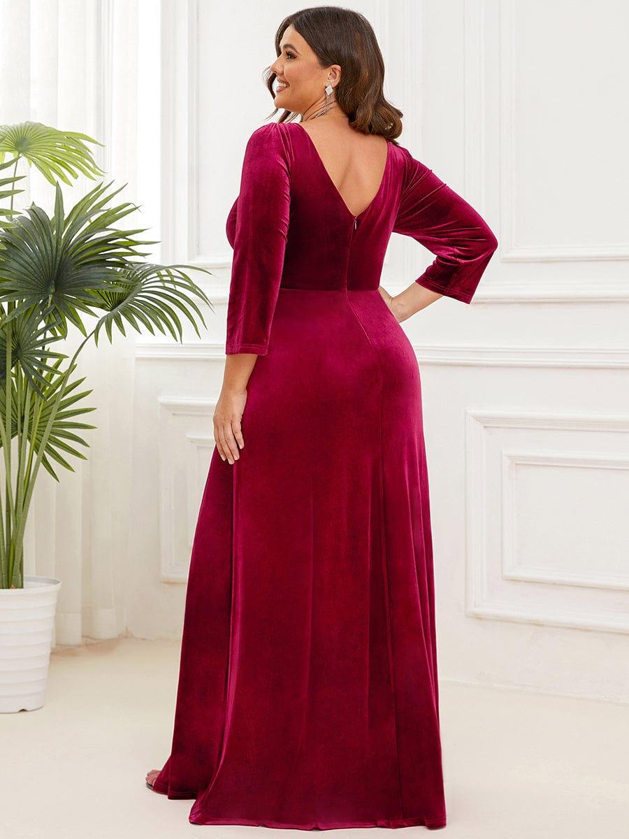 Velvet 3/4 Length Sleeve Illusion V-Neck Front Slit Evening Dress #Color_Burgundy