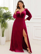 Velvet 3/4 Length Sleeve Illusion V-Neck Front Slit Evening Dress #Color_Burgundy